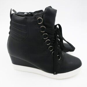 Catherine Malandrino Lorna Wedge Heel Sneaker Black Pebble Faux Leather 9